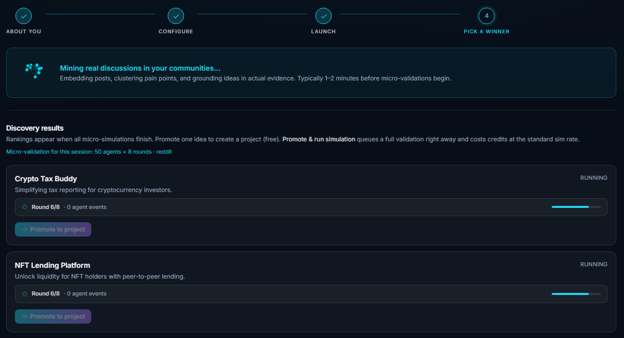 Reverse Mode turning skills into candidate businesses, validated and ranked